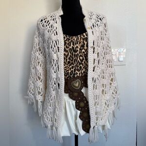 Boho Hand-Crocheted Fringe Shawl Cardigan | Open Knit Poncho | One Size